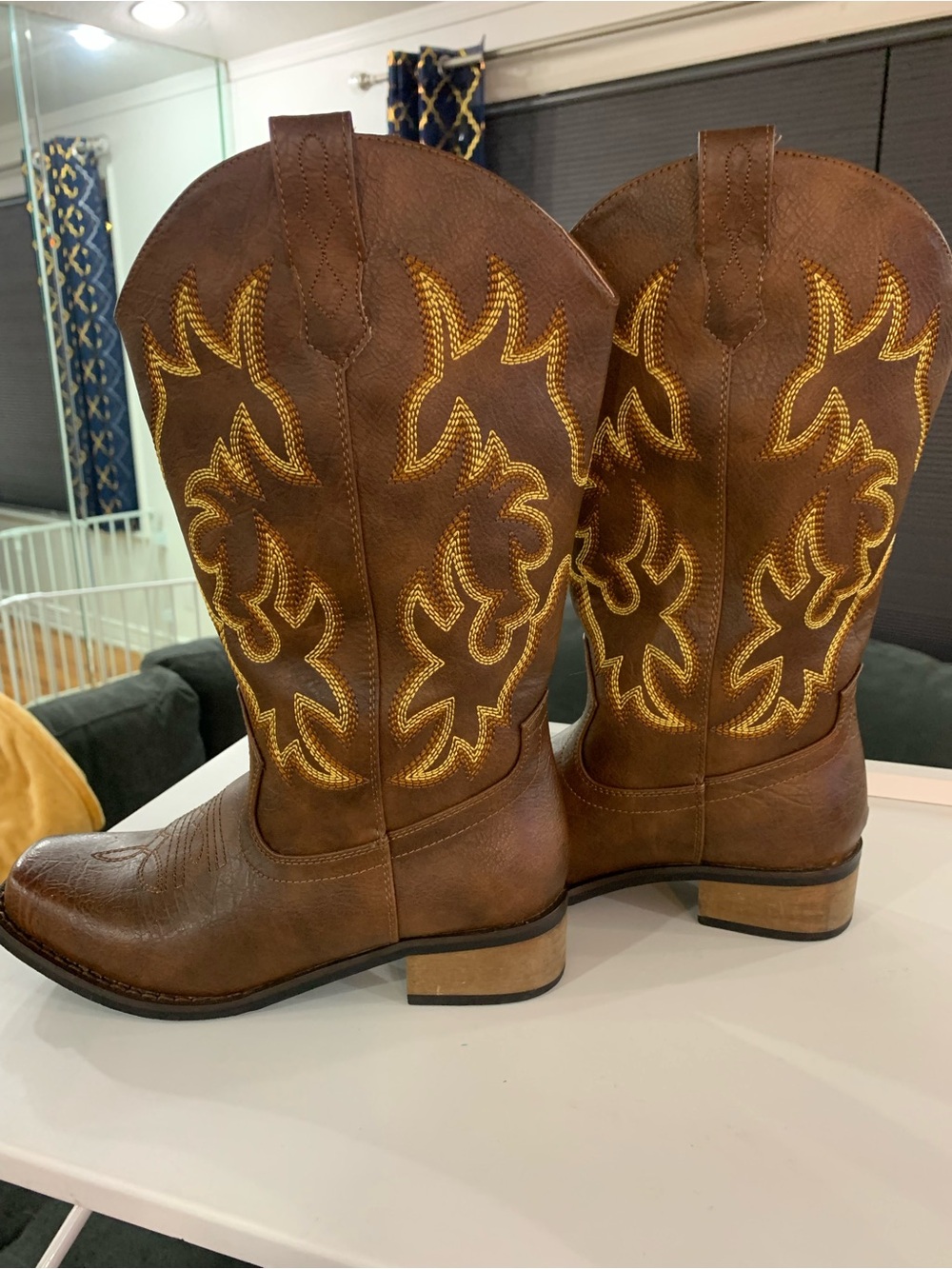 Brown Cowboy Boots with Yellow Embroidery